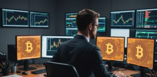 Evaluating the Impact of Bitcoin ETF Flows on the Cryptocurrency Market Financial analyst examining Bitcoin ETF charts on monitors in a modern office setting.