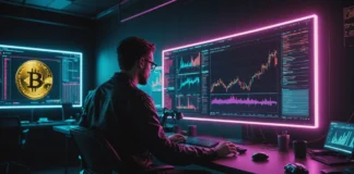 The Rise of Bitcoin ETF Flows: An In-Depth Analysis Financial analyst reviews Bitcoin ETF chart in a well-lit, modern office setting.