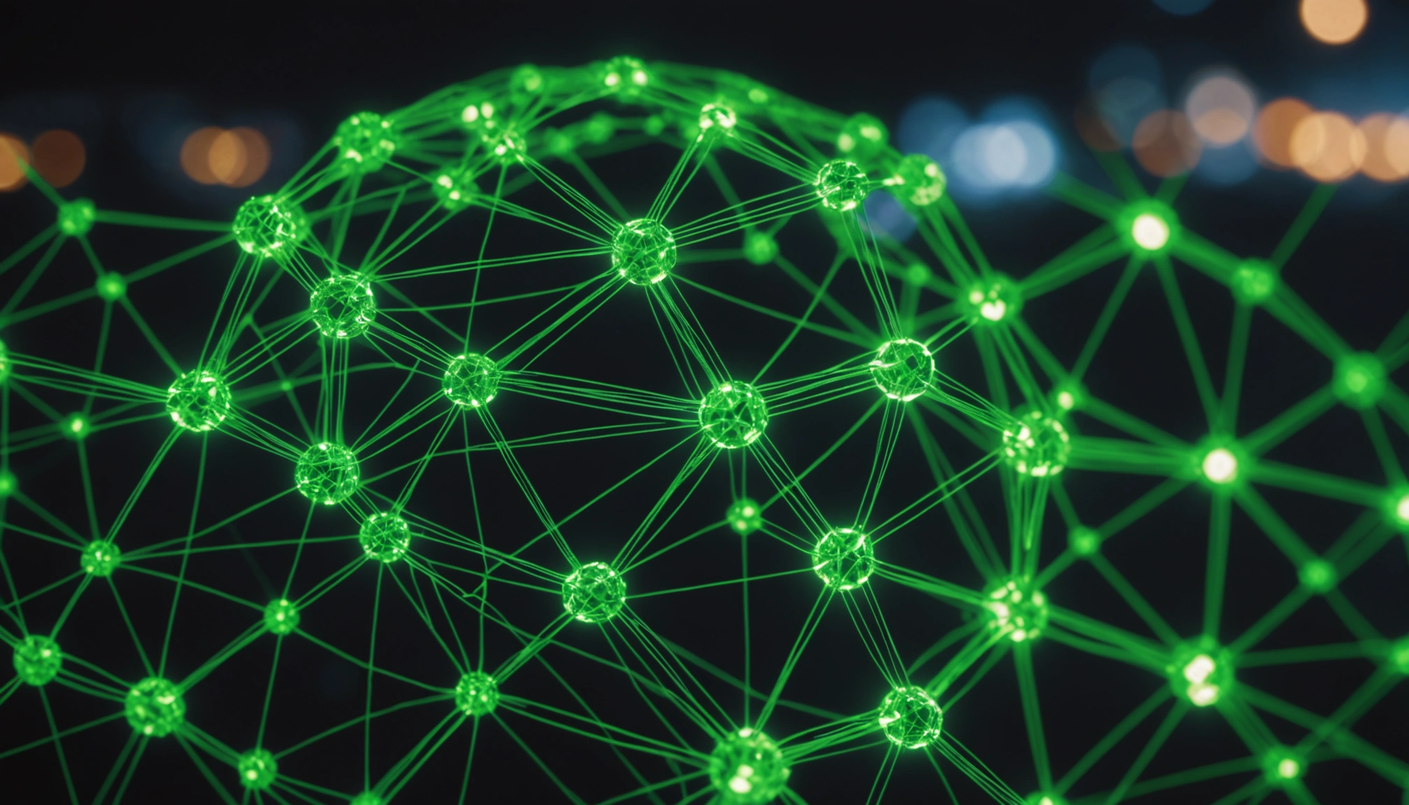 A blockchain network visualized as a glowing green web, connecting various industries like agriculture and