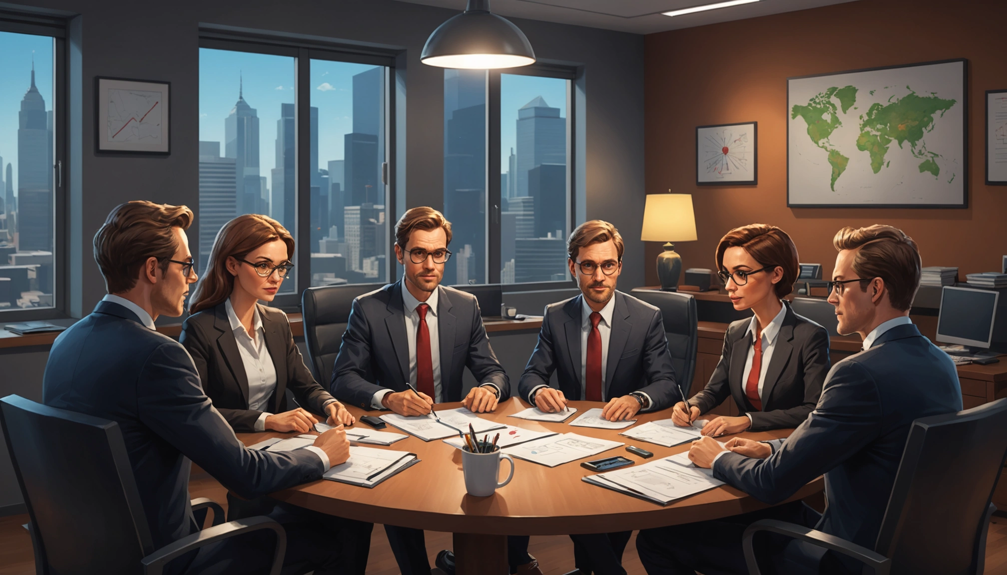 A boardroom with financial experts debating Bitcoin ETF regulations, papers and laptops on the table,