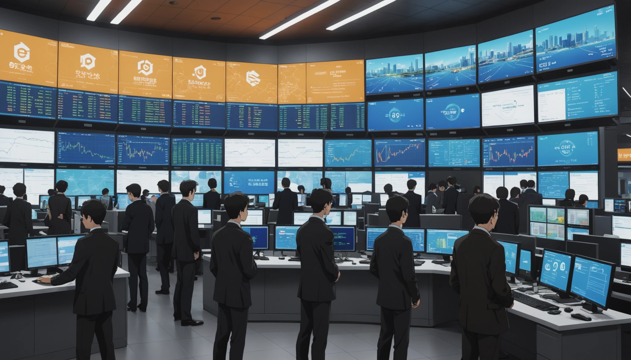 Traders using stablecoins on digital screens in a busy financial market