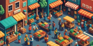 Crypto Adoption Worldwide: Emerging Markets Leading the Charge Bustling market with diverse people using smartphones for digital payments, vibrant and optimistic.