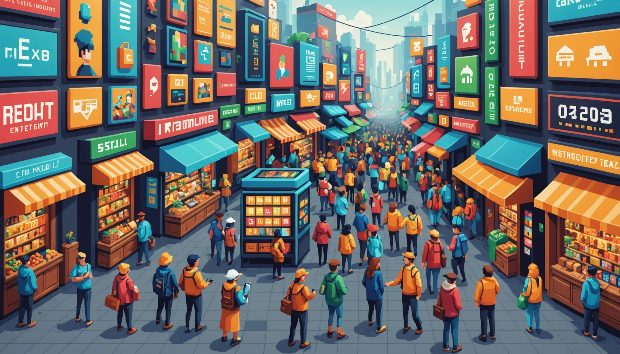 Marketplace with screens showing remittance transactions, diverse people using smartphones