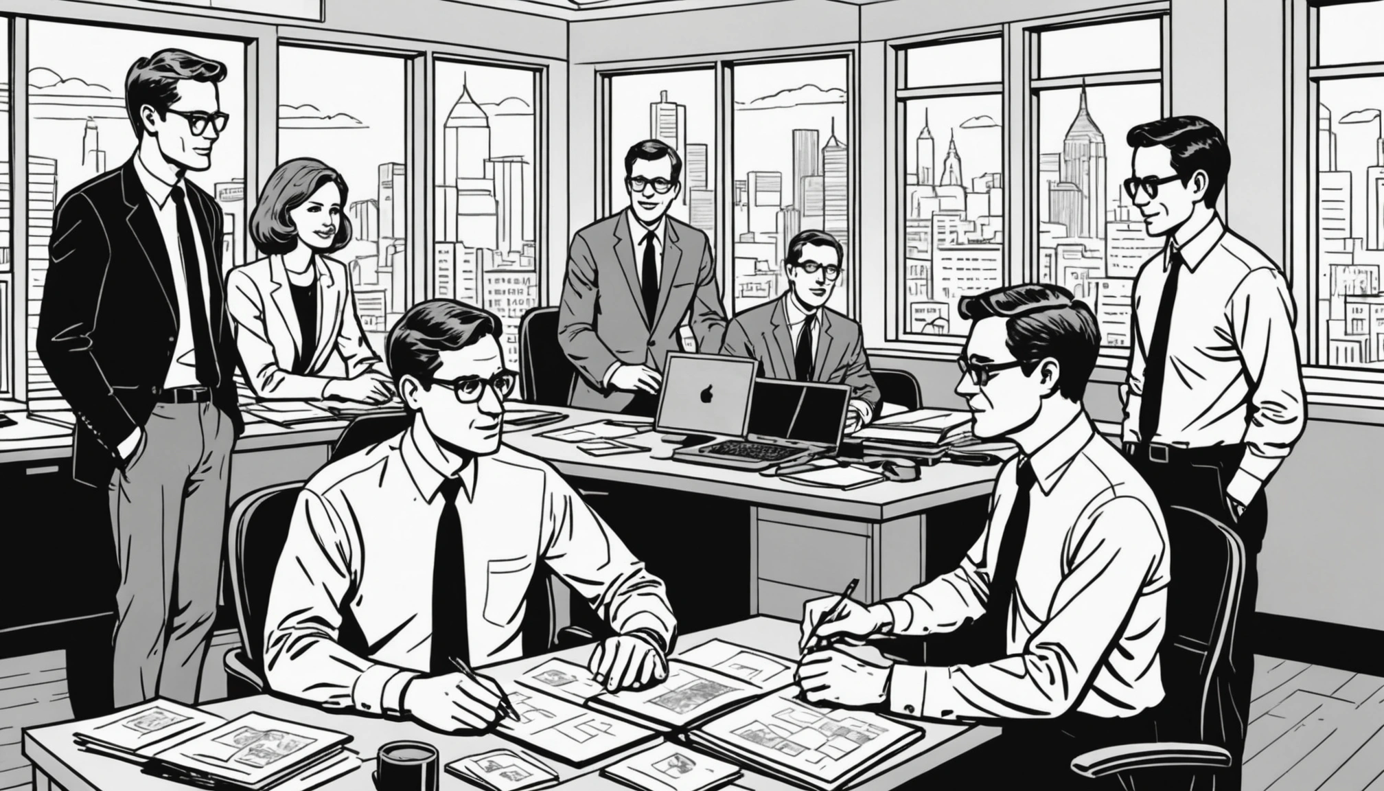 A busy financial office with analysts discussing Bitcoin ETFs, large screens showing market data, natural