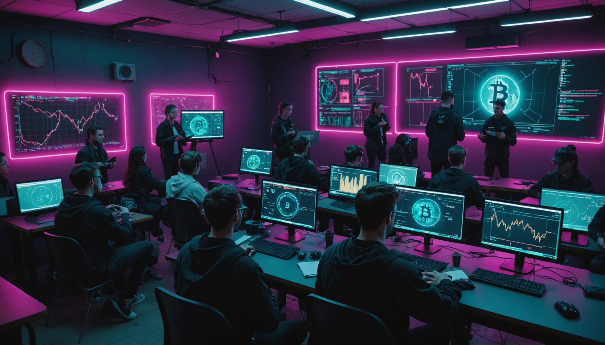 A classroom setting with an instructor teaching about Bitcoin ETFs, students with laptops, projector showing