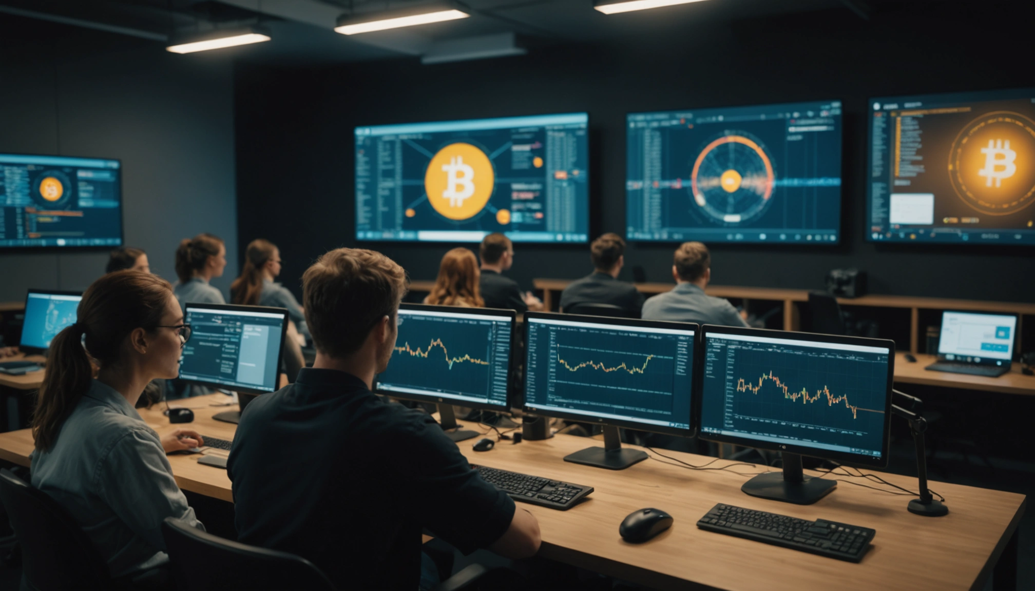 Investors analyzing crypto market data on digital screens