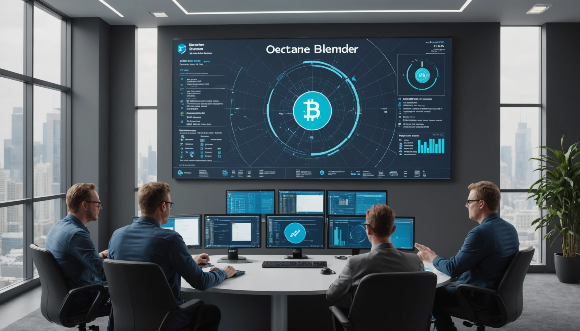 A collaborative meeting of developers and regulators discussing DeFi innovations, with digital screens displaying financial