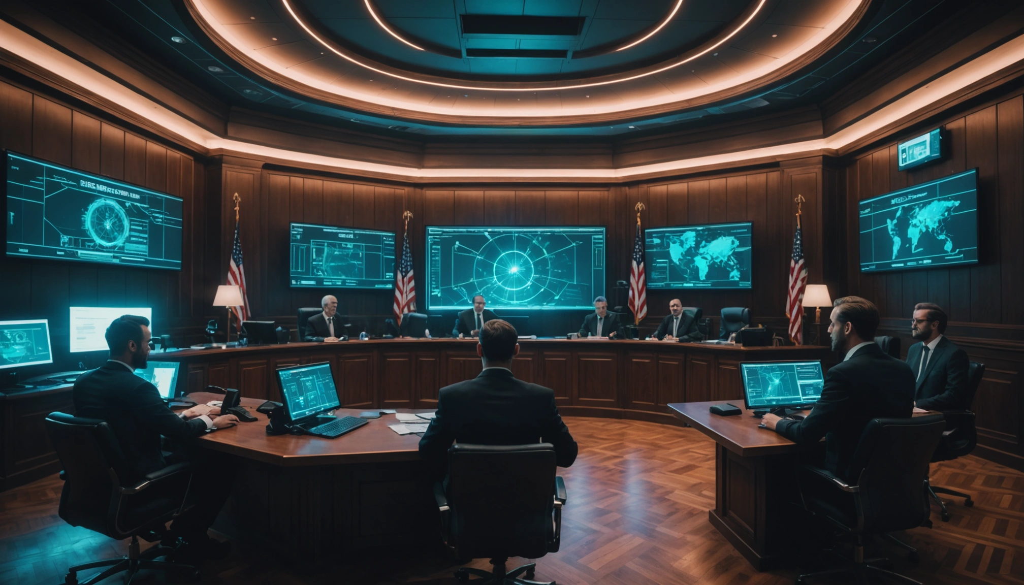 Courtroom with screens showing blockchain regulations, lawyers and developers