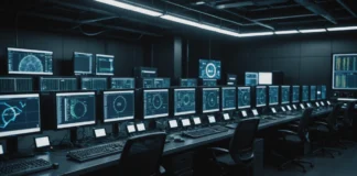 Cryptocurrency Mining and Its Effects on Commodity Supply Economics Cryptocurrency mining farm with computers, cooling systems, and blockchain data screens in ambient lighting.