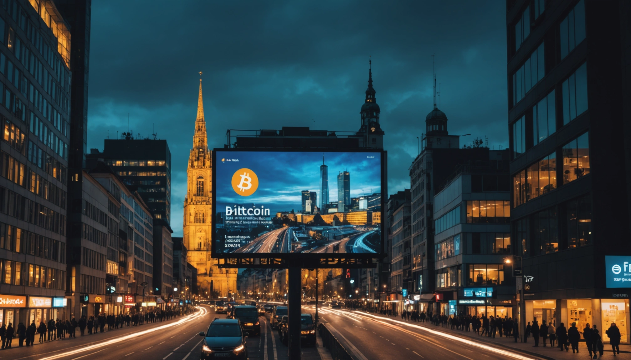 A European cityscape with a digital billboard displaying Bitcoin ETF growth trends, dusk lighting, optimistic