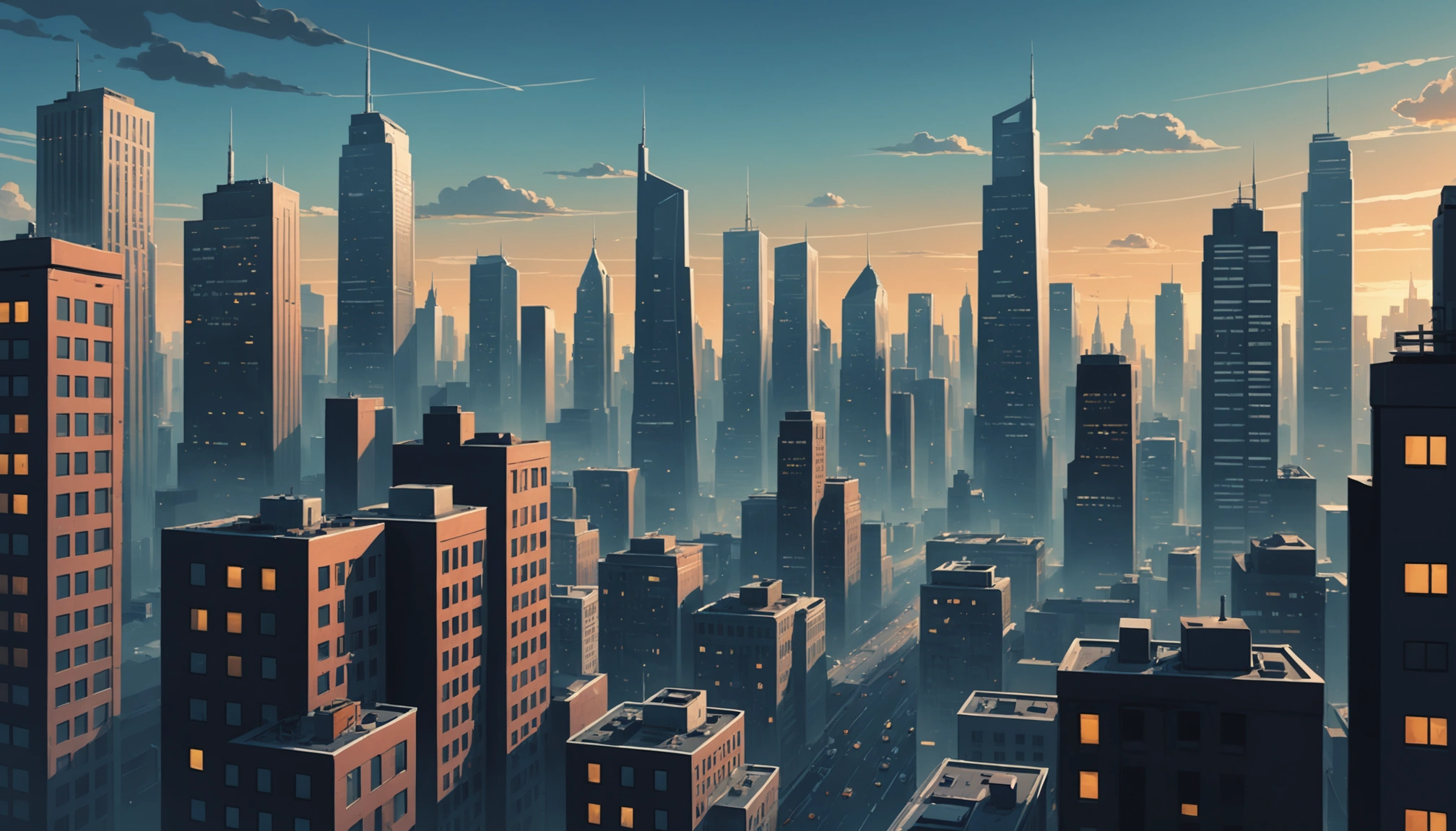 Futuristic city skyline with digital currency symbols in sky