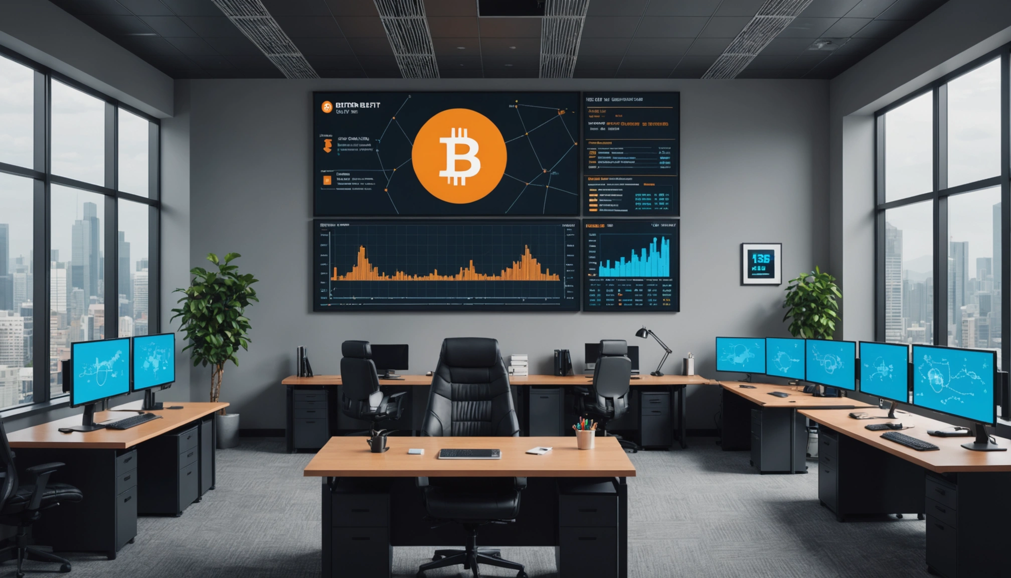 A futuristic office with a large digital display showing Bitcoin ETF trends and projections. Bright,