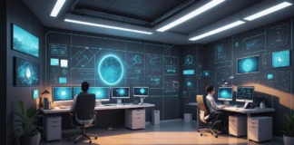 AI and Blockchain: Shaping the Next Generation of Crypto Innovations Futuristic office with holographic screens showing AI and blockchain concepts, digital ledger, neural network.