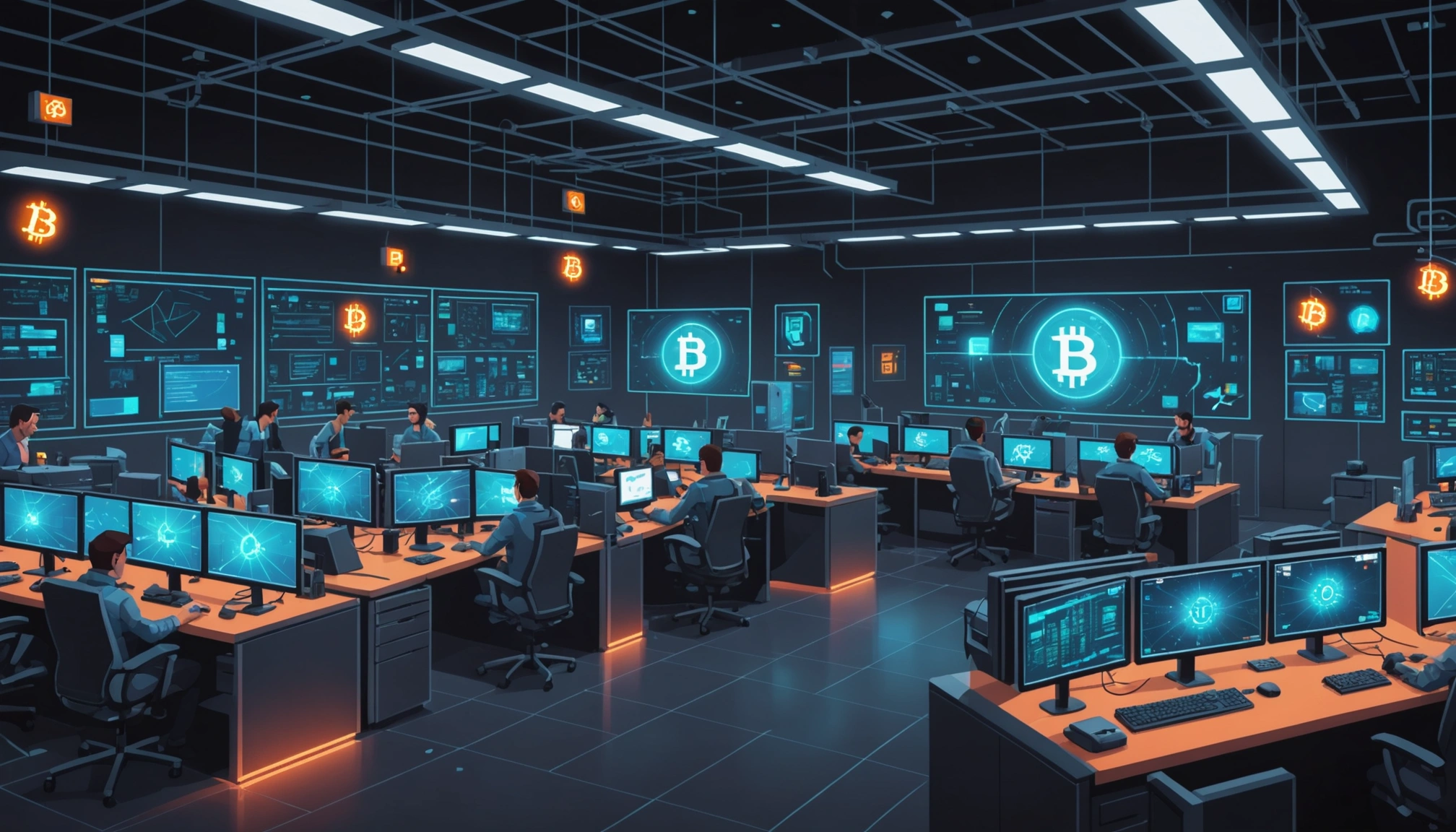 A futuristic tech lab with developers working on blockchain technology for Bitcoin ETFs, holographic displays,