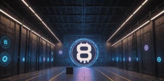 Exploring the Intersection of Cryptocurrency and Global Supply Chain Resilience Futuristic warehouse with digital currency symbols and blockchain nodes, highlighting supply chain transparency.