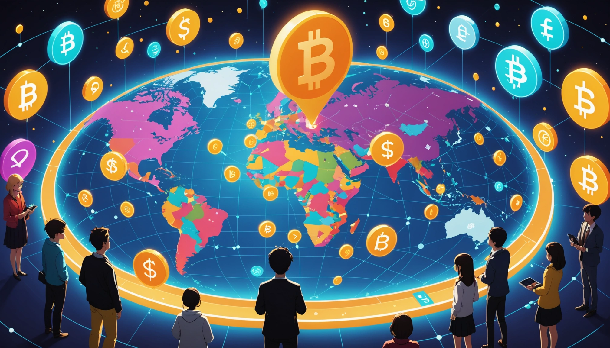 Global map with currency symbols and diverse people on devices