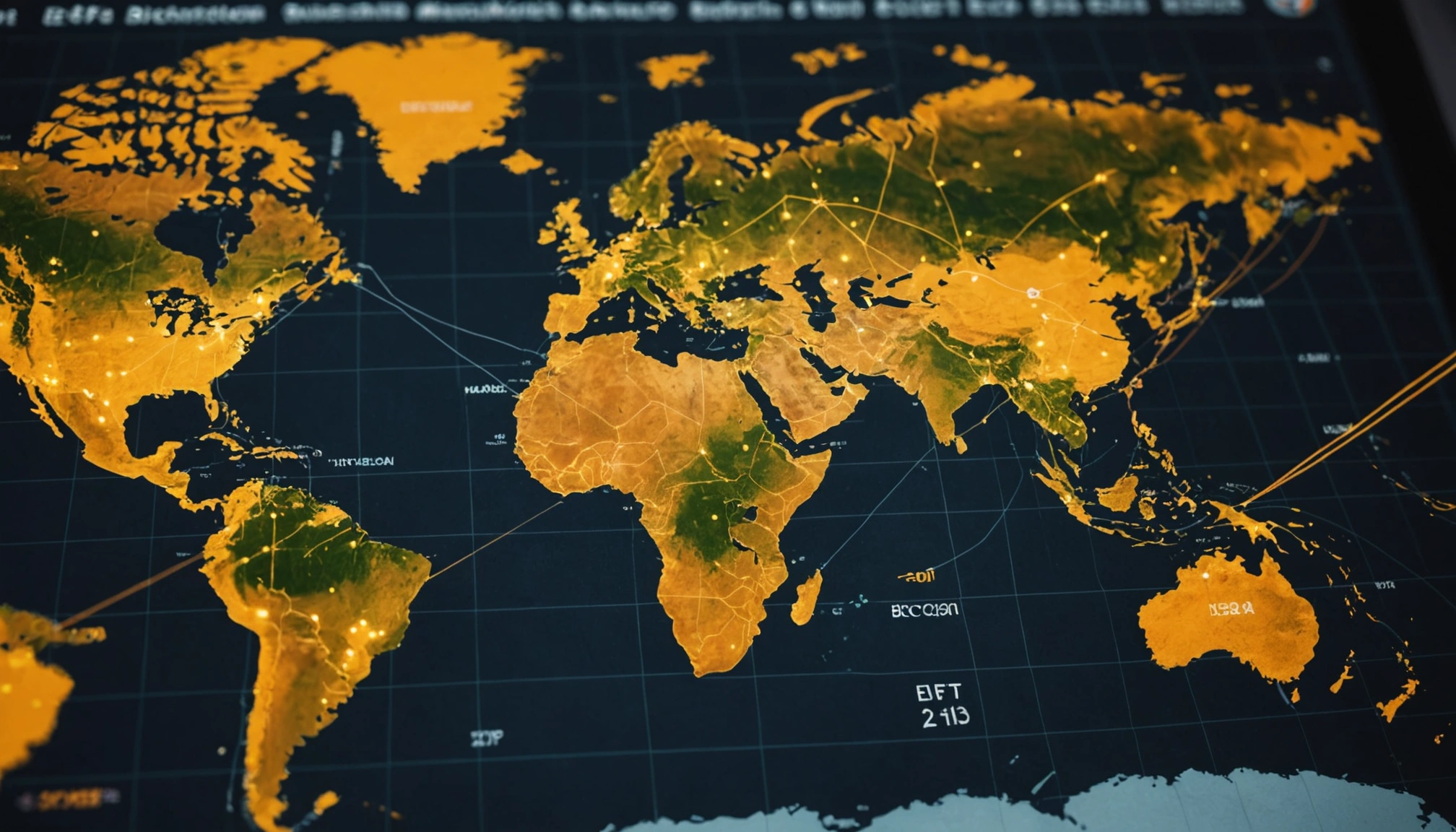 A global map with digital indicators showing Bitcoin ETF adoption in various countries. Bright, informative