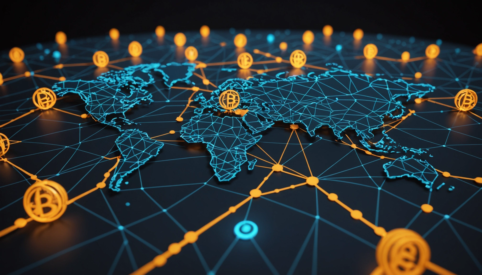 Global network map with digital currency symbols connecting continents