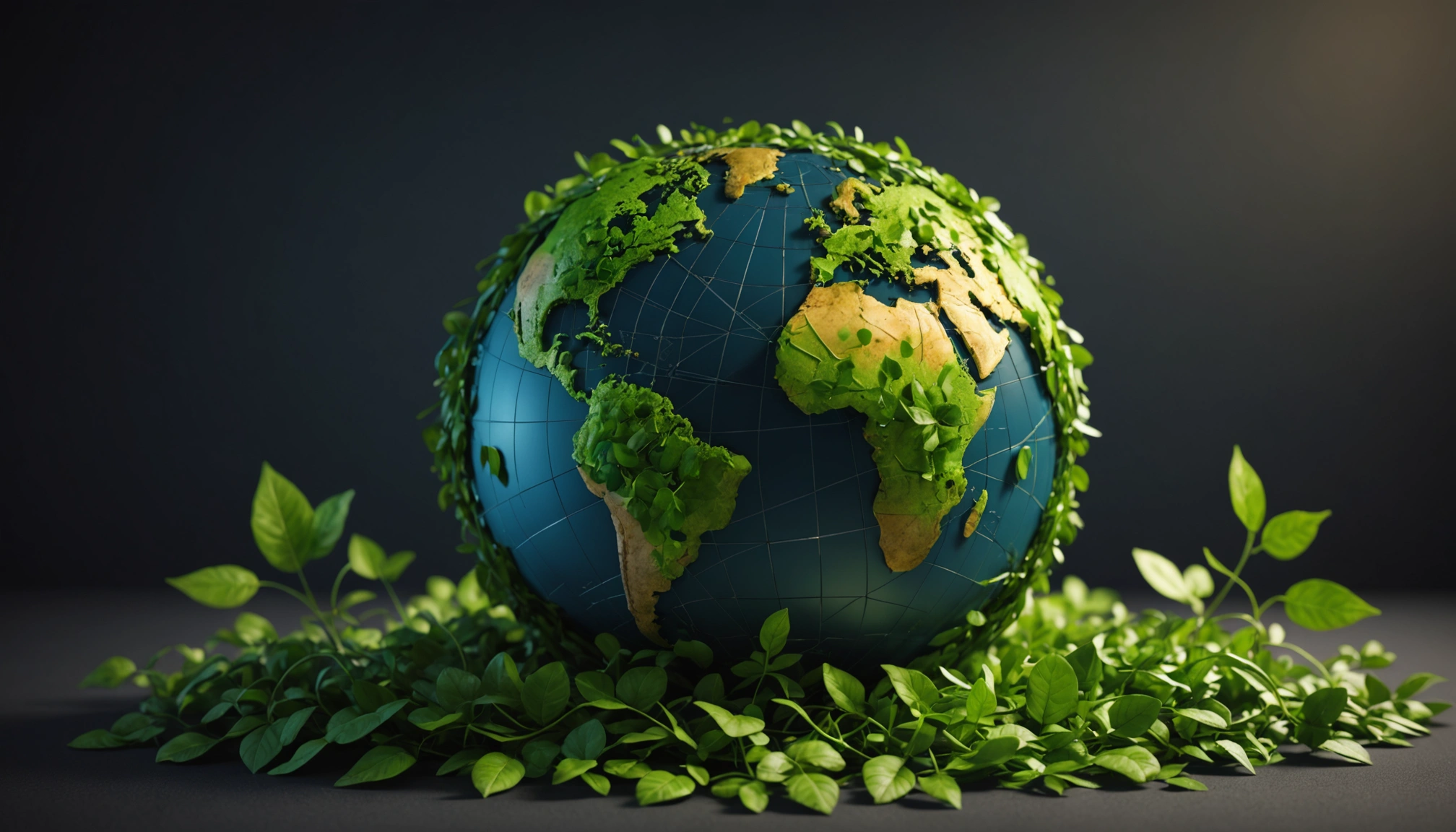 A globe surrounded by digital green leaves, symbolizing the impact of eco-friendly cryptocurrencies on climate
