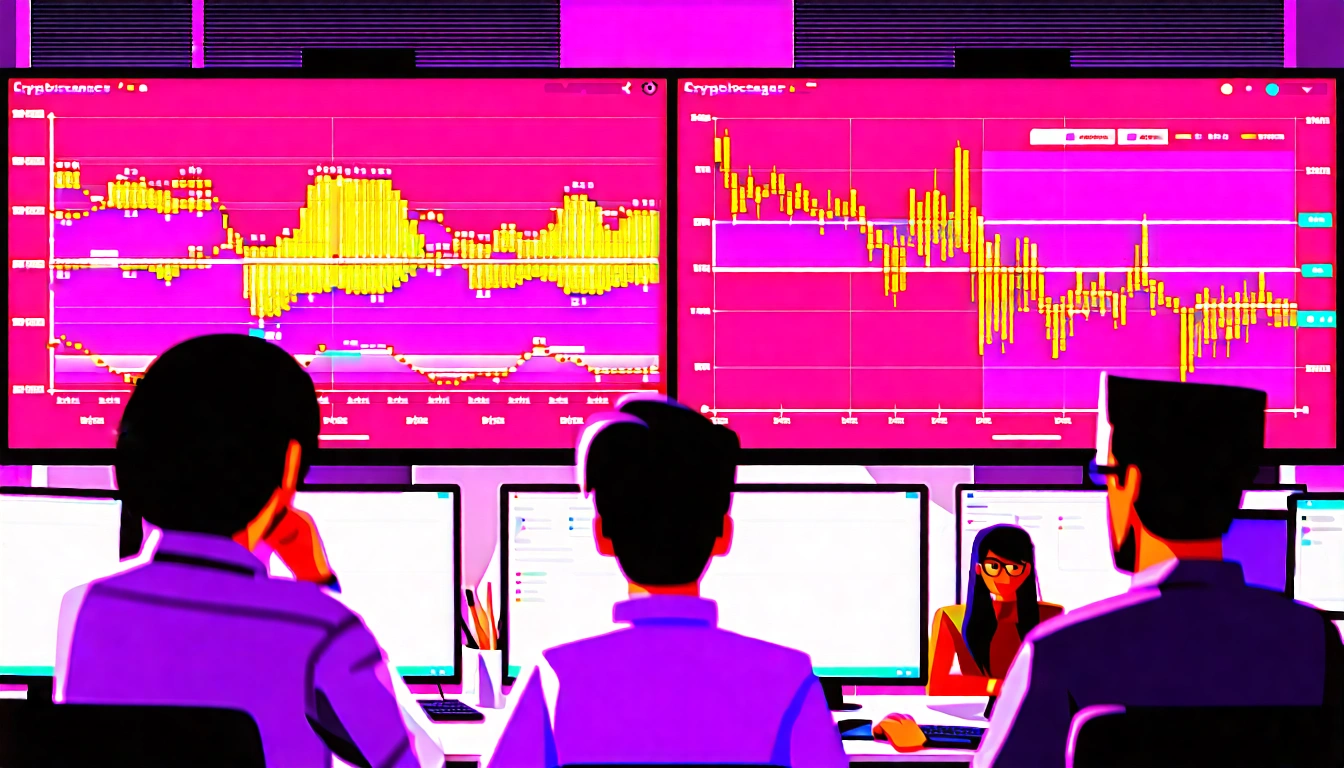People in office analyzing blockchain data on large screens.