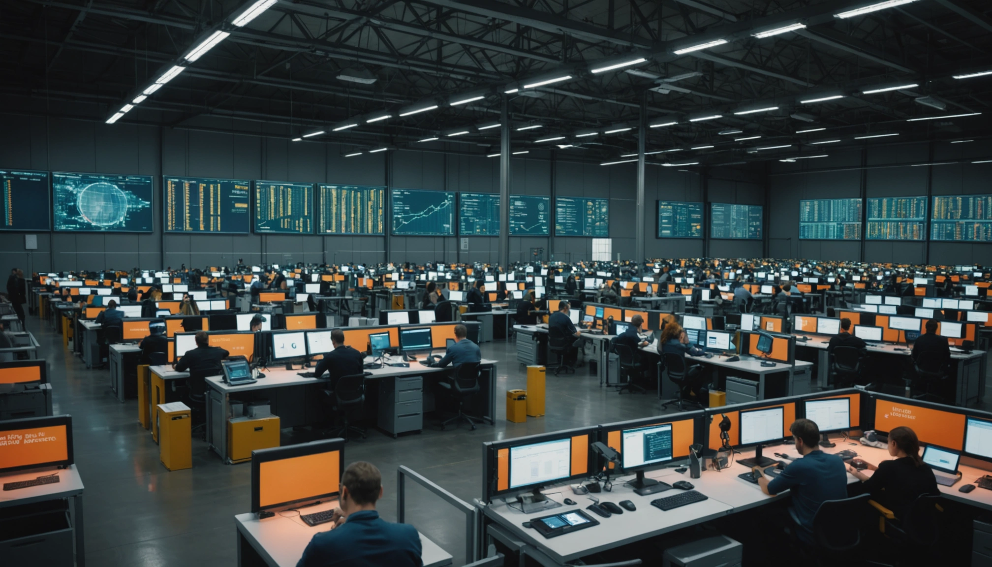Supply chain hub with digital screens and workers using tablets