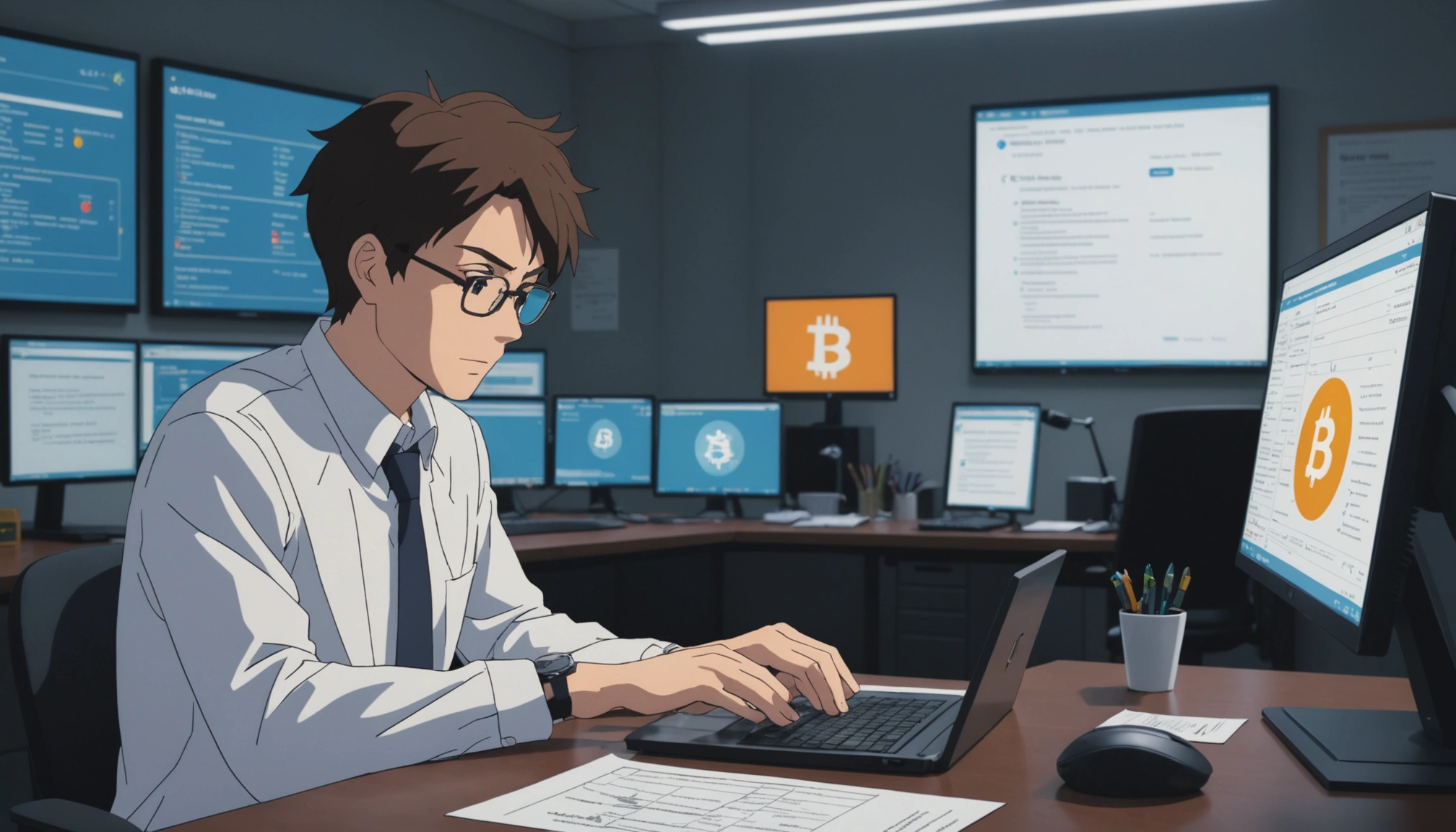 Stack of cryptocurrency coins with tax documents in the background