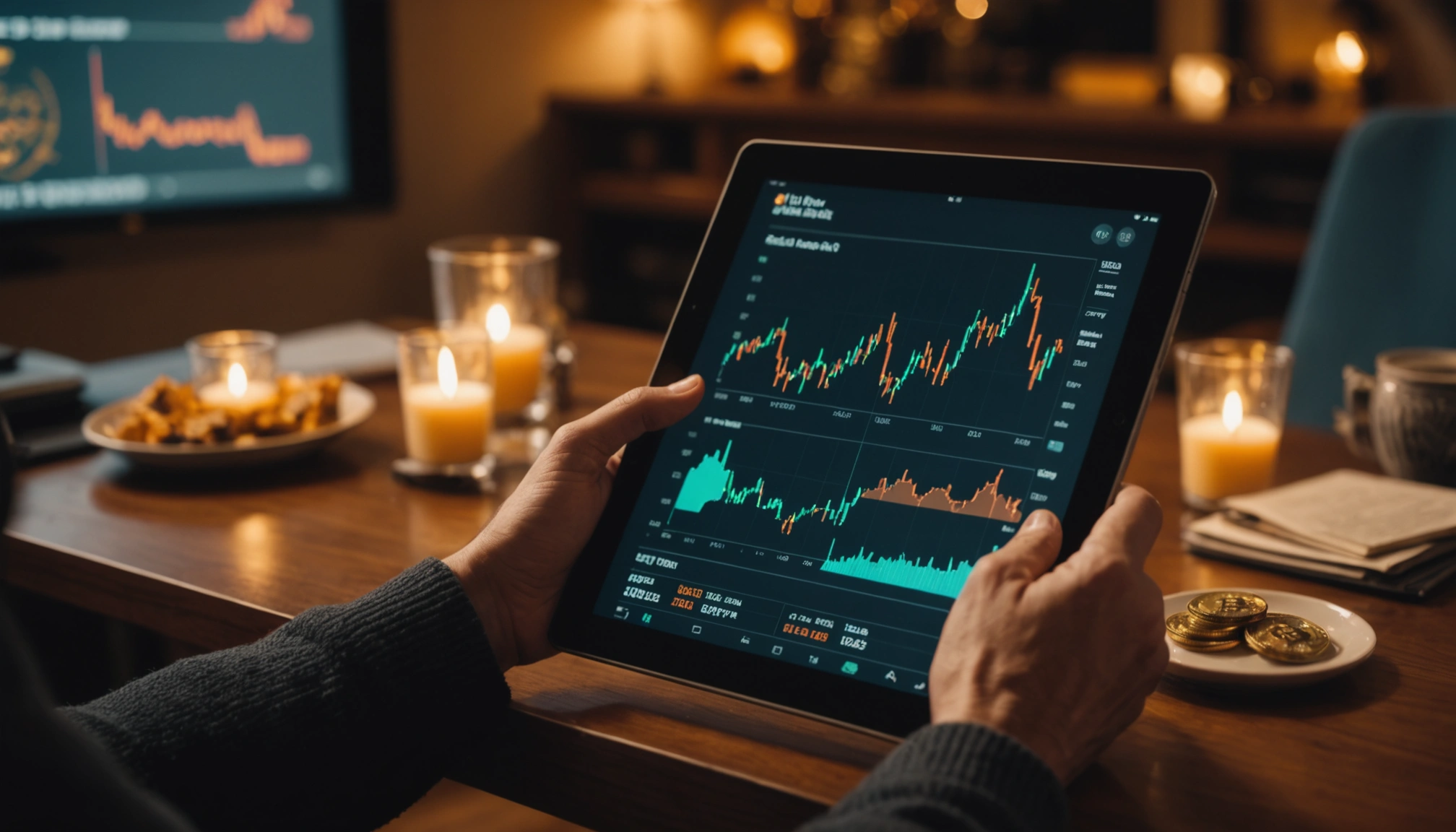 A retail investor at home, using a tablet to explore Bitcoin ETF options. Cozy setting,