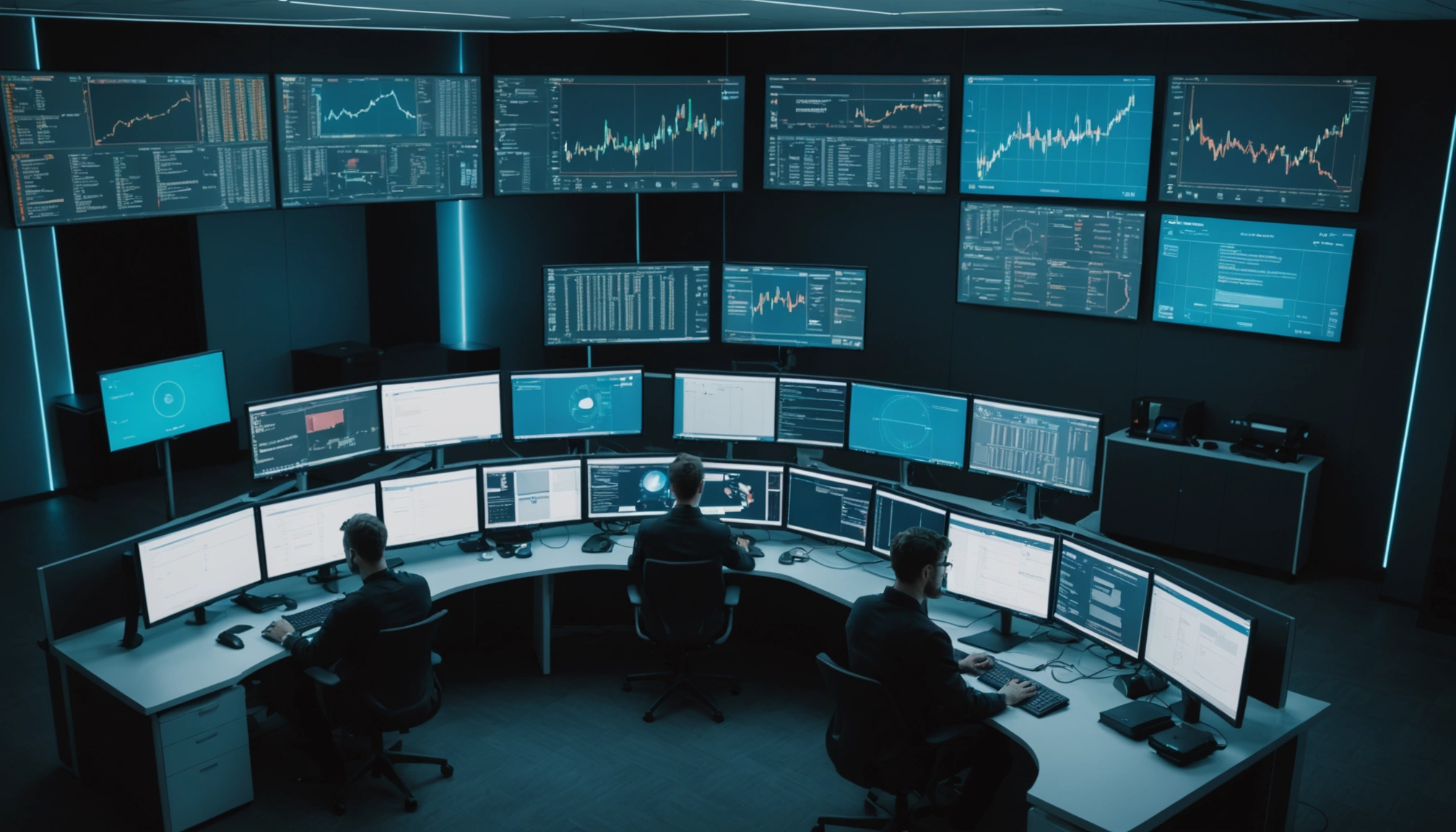 Developers working on stablecoin smart contracts in a tech lab