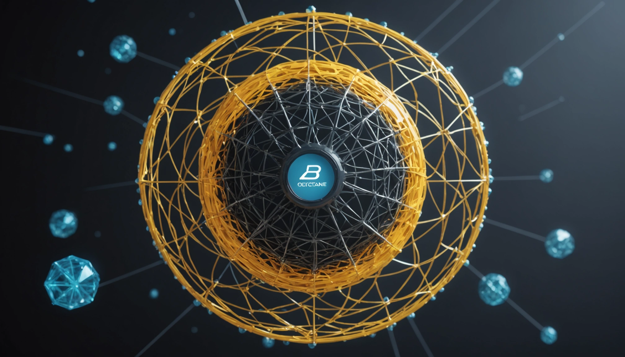 Blockchain network visual with nodes and product traceability data