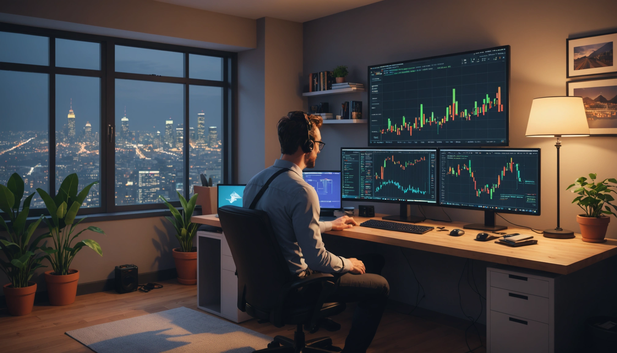 An investor analyzing DeFi opportunities on a laptop, with graphs showing market trends and risks.