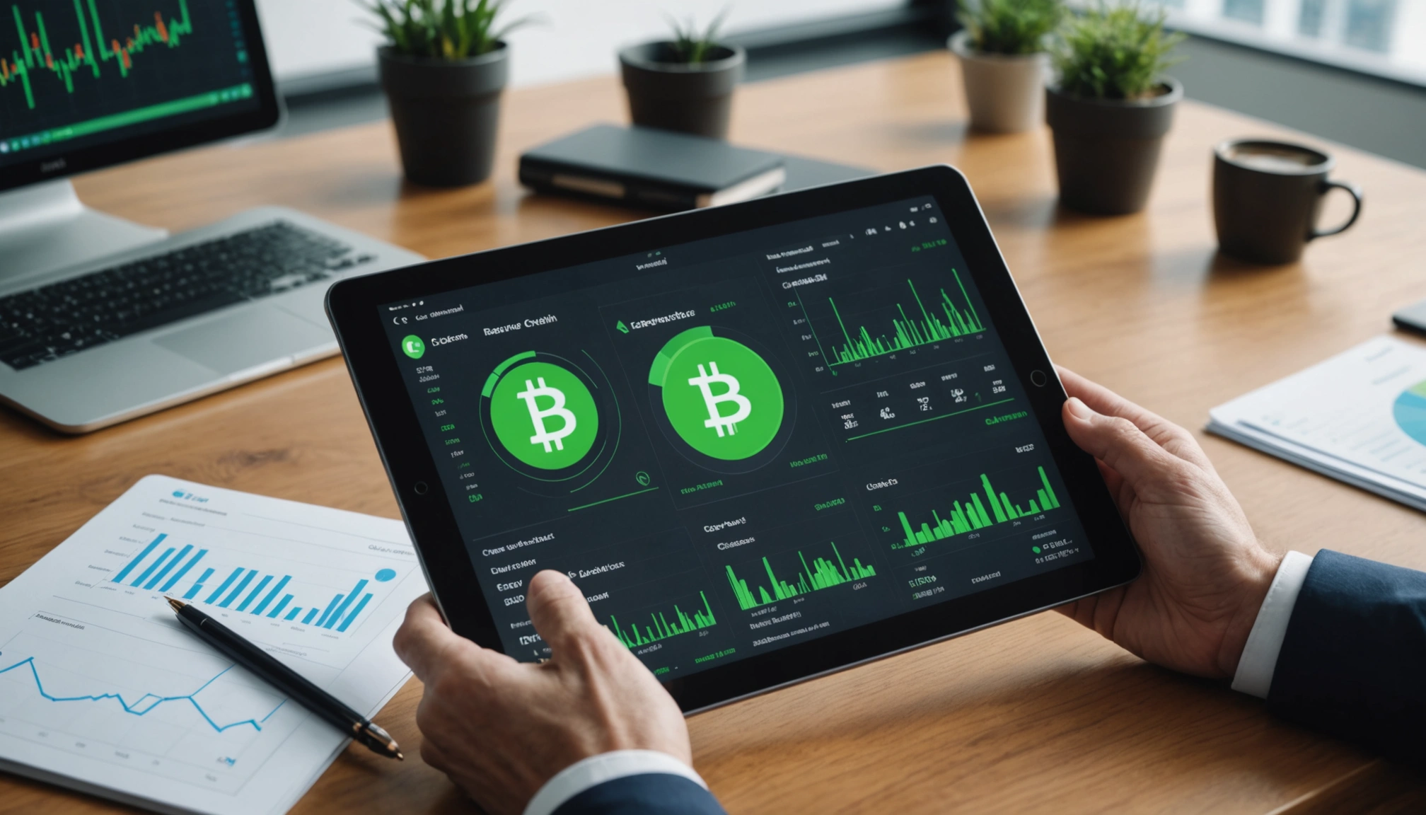 An investor analyzing green cryptocurrency data on a sleek tablet in a modern office, with